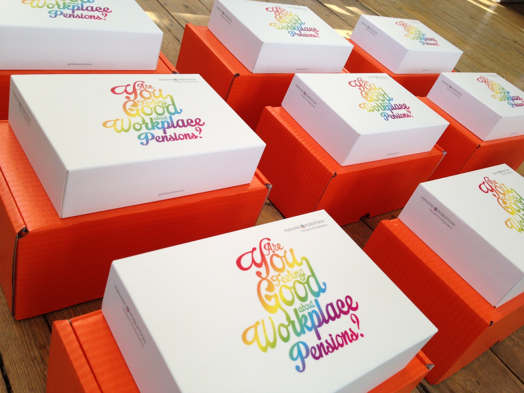 Hymans Robertson direct mail package: custom outer box and inserts.