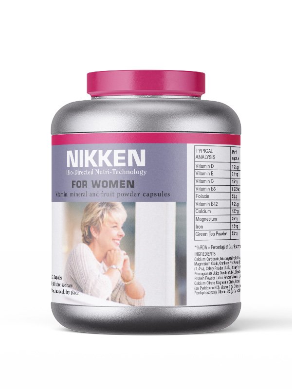 Metallic-finish nutrition jar with wraparound label, for Nikken Wellness.